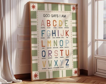Christian Alphabet God Says I Am ABC Wall Art Cute Positive Bible Affirmations for Kids Christian Wall Art
