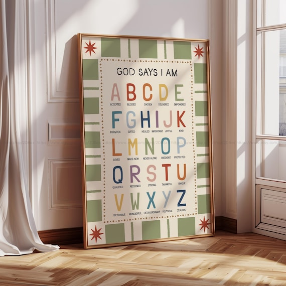 Christian Alphabet God Says I Am ABC Wall Art Cute Positive Bible Affirmations for Kids Christian Wall Art