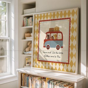 May include: A framed print featuring a whimsical illustration of a red and blue bus carrying animal passengers, with luggage on top. The print has a yellow diamond pattern border and the text "Jesus said 'Let the little children come to Me.'"