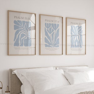 Set of 3 Pastel Blue Christian Prints Psalms Collection, Pastel Blue Christian Posters, Modern Christian Decor, Christian Flower Prints