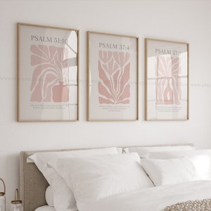 Conjunto de 3 láminas cristianas en rosa pastel de la colección Salmos, pósteres cristianos rosas, decoración cristiana moderna, láminas cristianas de flores rosas