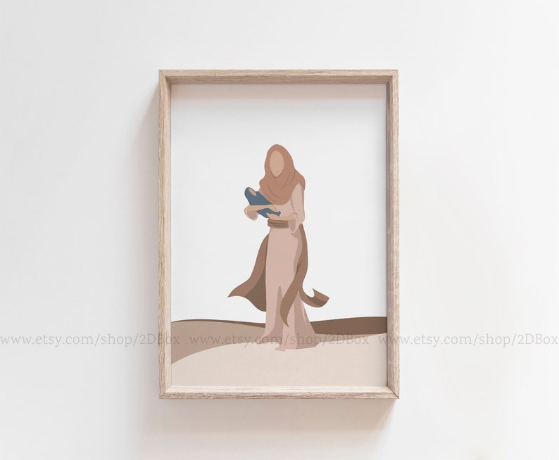 May include: A digital illustration of a person wearing a brown headscarf and a long brown dress holding a blue object. The person is standing on a light brown surface.