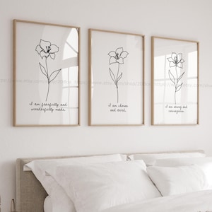 Floral Biblical Affirmation Prints Set of 3 Christian Quote Simple Bible Verse Wall Art Minimalist Clean Christian Home Decor Lily Line art