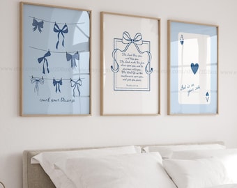 Light Blue Christian Blessings Posters Set of 3 Modern Christian Decor Minimalist Christian Bow Prints Bible Verse for Little Boys Bedroom
