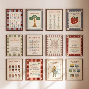 May include: A set of twelve framed religious art prints. The prints display colourful illustrations and text, including the alphabet, the Ten Commandments, and the Lord's Prayer. The frames are brown with various decorative borders.