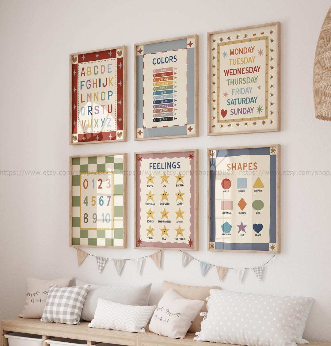 Colorful Kids Playroom Wall Art Set of 6 ABC Alphabet Poster Boho Kids ...