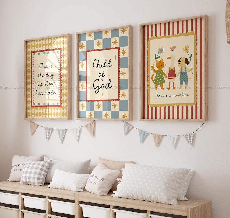 May include: Three framed art prints with inspirational quotes and illustrations. The first print has the text "This is the day the Lord has made." The second print says "Child of God." The third print says "Love one another."