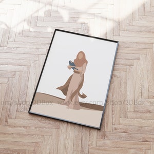 May include: A digital illustration of a person wearing a brown headscarf and a long brown dress. The person is holding a blue bird in their right hand. The background is a light brown color.