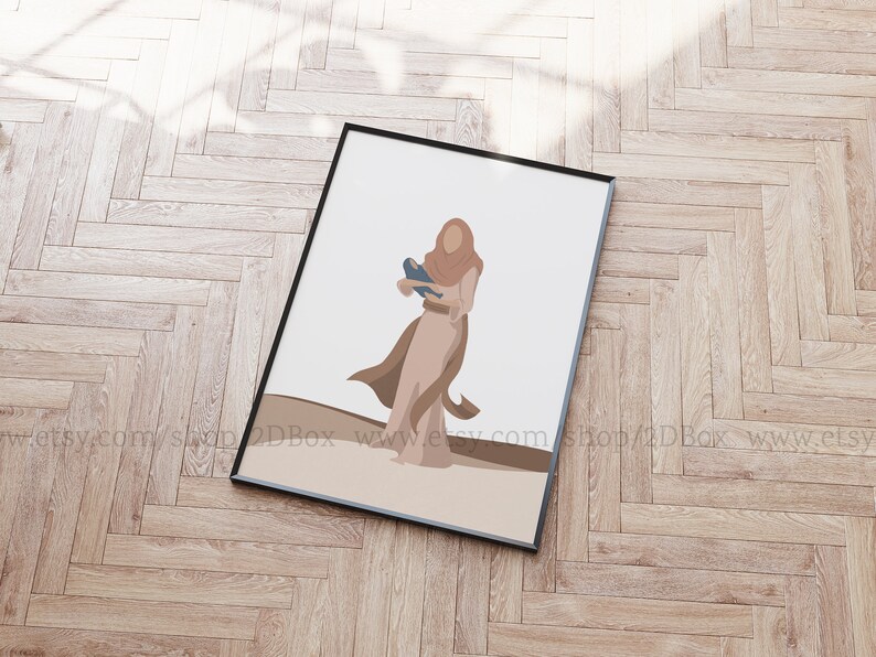 May include: A digital illustration of a person wearing a brown headscarf and a long brown dress. The person is holding a blue bird in their right hand. The background is a light brown color.