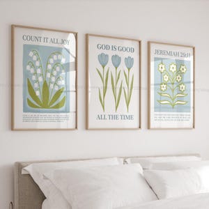 Christian Floral Wall Art Set of 3 Bible Verse Prints Blue & Green Botanical Faith Decor for Bedroom Christian Wall Art Aesthetic Minimalist