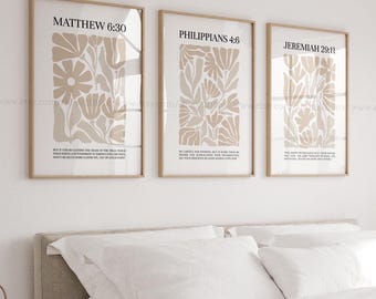Cream Beige Christian Set of 3 Prints Neutral Flower Bible Verse Printable Wall Art Boho Botanical Minimalist Abstract Christian Poster