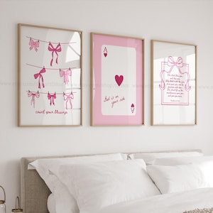 Lot de 3 affiches roses de bénédictions chrétiennes, décoration chrétienne moderne, impression minimaliste de noeud rose, impression de versets bibliques coquette pour dortoir filles