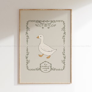 May include: A beige printable art print with a white goose illustration and a green floral border. The text "I am fearfully and wonderfully made" is written in a circle at the bottom of the print.