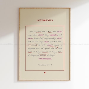 Notas de amor cristianas, notas de amor bíblicas, 1 Corintios 13, decoración de habitaciones cristianas de moda para adolescentes, arte cristiano rosa y rojo, el amor nunca falla