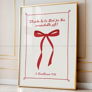 Kerst christelijke kunst kerst bijbelvers afdrukken rode strik coquette print voor kerst tijd christelijke kerst decor geloof citaat poster: