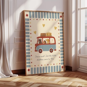 May include: Framed art print featuring a whimsical illustration of a red and blue van carrying animal passengers and luggage. The print is bordered with blue stripes, stars, and hearts, with the text "Jesus said 'Let the little children come to Me.'"