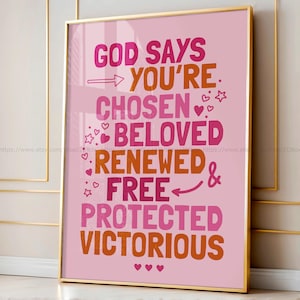 Póster cristiano de color rosa y naranja, arte de pared con la Biblia en color rosa funky, obra de arte digital cristiana, arte para dormitorio femenino, decoración de dormitorio con fe retro moderna y positiva