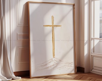 Cross Wall Art Neutral Christian Decor Minimal Textured Modern Faith Abstract Painting Gold Embossed Religious Artwork Christian Symbol