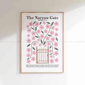 Puede incluir: Un diseño de arte de pared imprimible que presenta una ilustración floral rosa con una puerta marrón en el centro. El texto "The Narrow Gate" y "Matthew 7:13,14" se muestra en la parte superior del diseño.