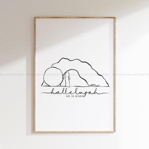 Arte de pared "Él ha resucitado" / Tumba de Jesucristo / Impresión cristiana minimalista / Arte imprimible de Pascua / Decoración de Pascua / Regalo de Pascua / Letrero de Pascua