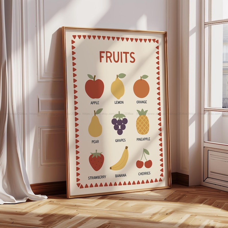 May include: A framed poster titled "FRUITS" featuring illustrations of various fruits, including an apple, lemon, orange, pear, grapes, pineapple, strawberry, banana, and cherries. The poster has a cream background with a red border and gold frame.