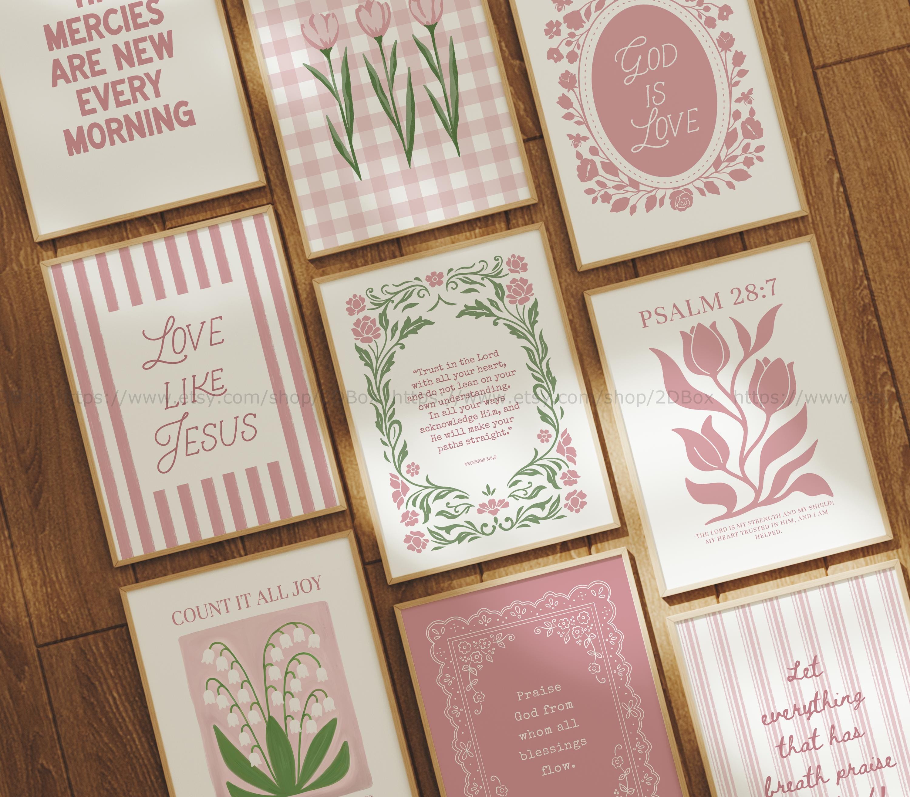 Christian Floral Art Set Pink Bible Verse Wall Art Christian Girl Wall ...