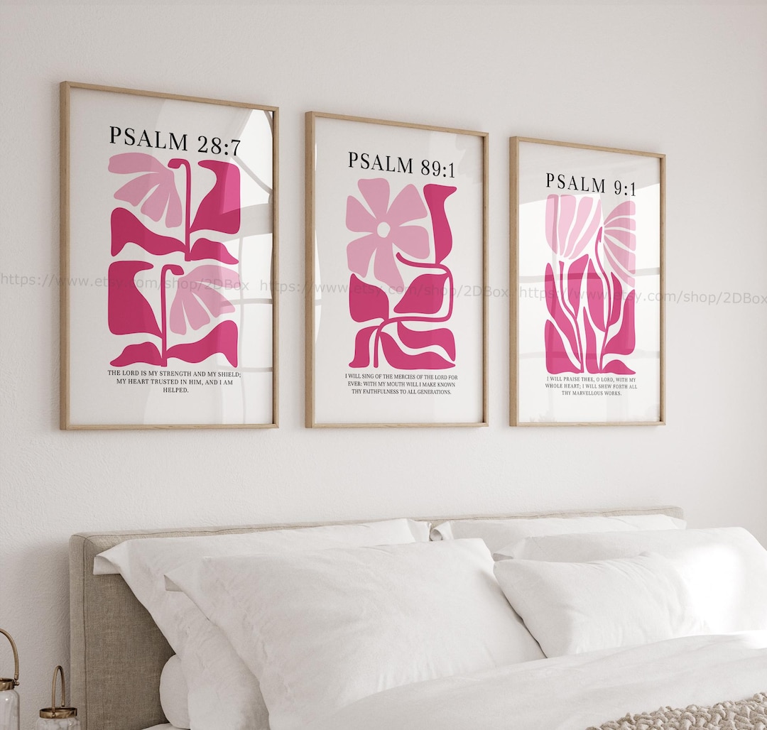 Pink Christian Pattern Psalms Collection, Set of 3 Pink Christian Prints, Soft Pink Christian ...