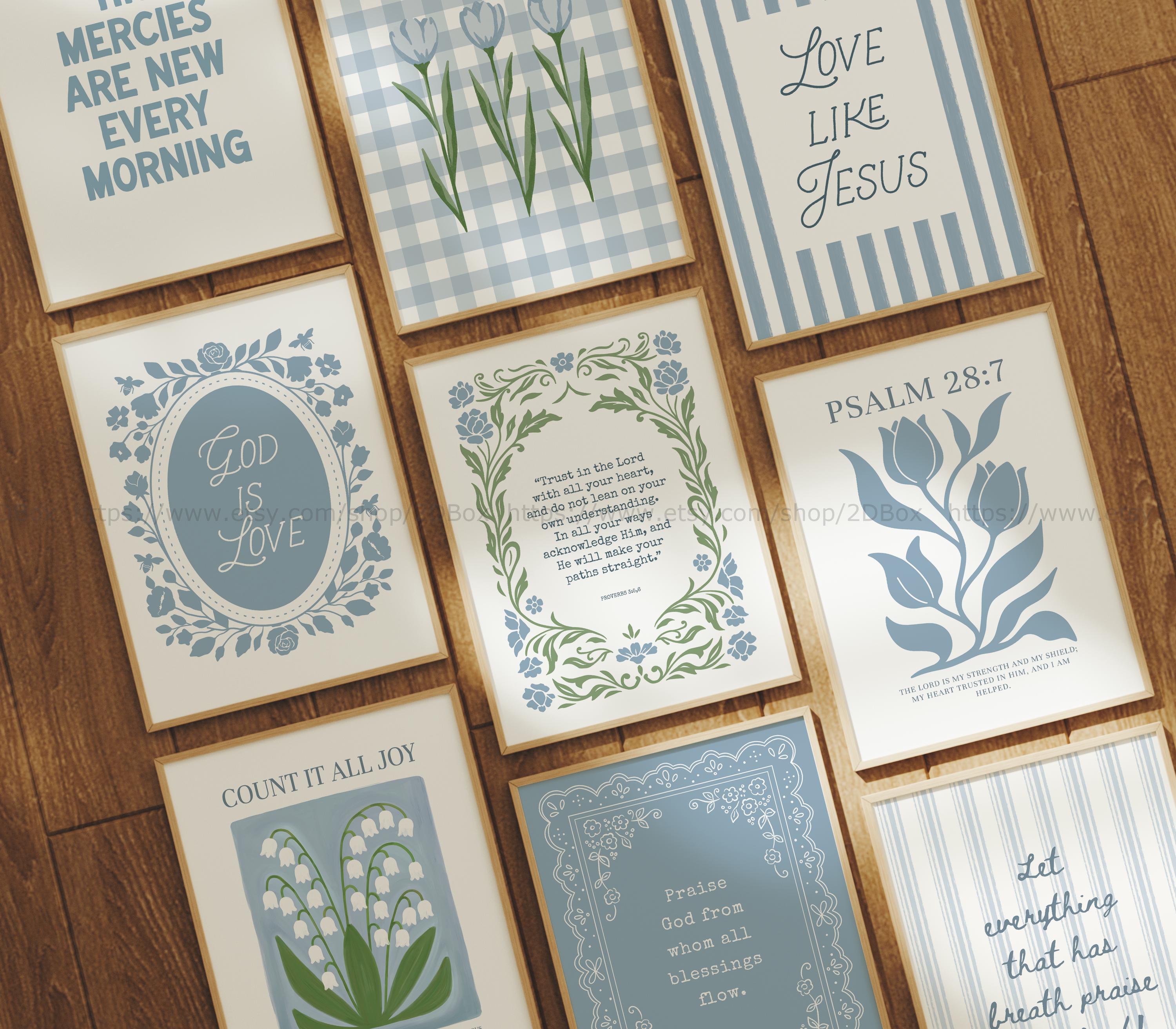 Christian Floral Art Set Blue Bible Verse Wall Art Christian Girl Wall ...