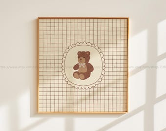 Vintage Teddy Bear Wall Art Neutral Nursery Square Print Brown