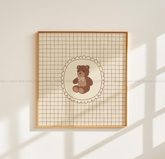 Vintage Teddy Bear Wall Art Neutral Nursery Square Print Brown Gingham Baby Room Decor Cozy Retro Kids Play Room Wall Art Cute Bear Poster