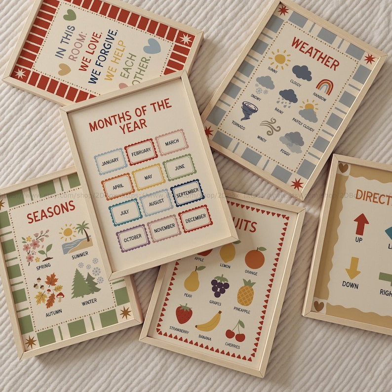 May include: A collection of framed educational posters. The posters feature various themes, including months of the year, weather, seasons, fruits, and directions. Each poster has a light wood frame and colorful illustrations and text.