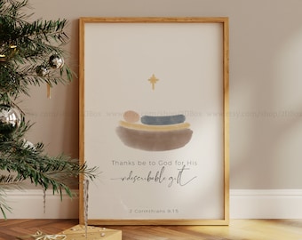Watercolor Nativity Scene Print | Christian Print | Christmas Decor | Baby Jesus Wall Art | Thanks be to God for His indescribable gift