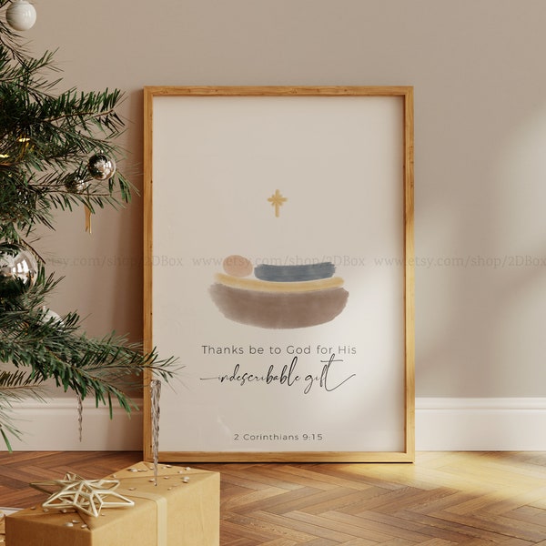 Watercolor Nativity Scene Print | Christian Print | Christmas Decor | Baby Jesus Wall Art | Thanks be to God for His indescribable gift