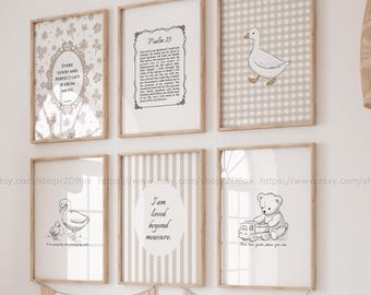 Bible Theme Nursery Prints Set of 7 Cream Beige Bible Verse Decor Kids Room Christian Decor Neutral Vintage Cottage core Boys Nursery Decor
