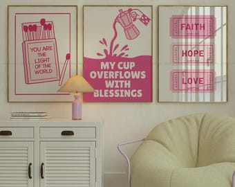 Christian Quote Print Set: Retro Pink Aesthetic, Trendy Dorm Decor (Digital Download)