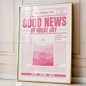 現代の聖書の壁アート ピンクのクリスマス聖書の一節新聞プリント キリスト教の美的ピンクアート キリスト降誕のポスター 大いなる喜びの良い知らせ