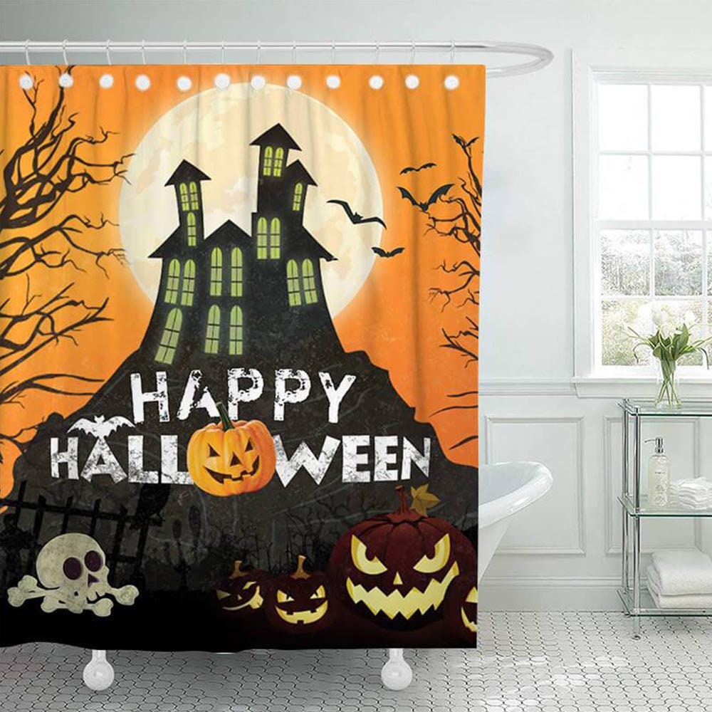 Halloween Theme Pumpkin Shower Curtain Set Waterproof Fabric Bathroom w/12 Hooks 