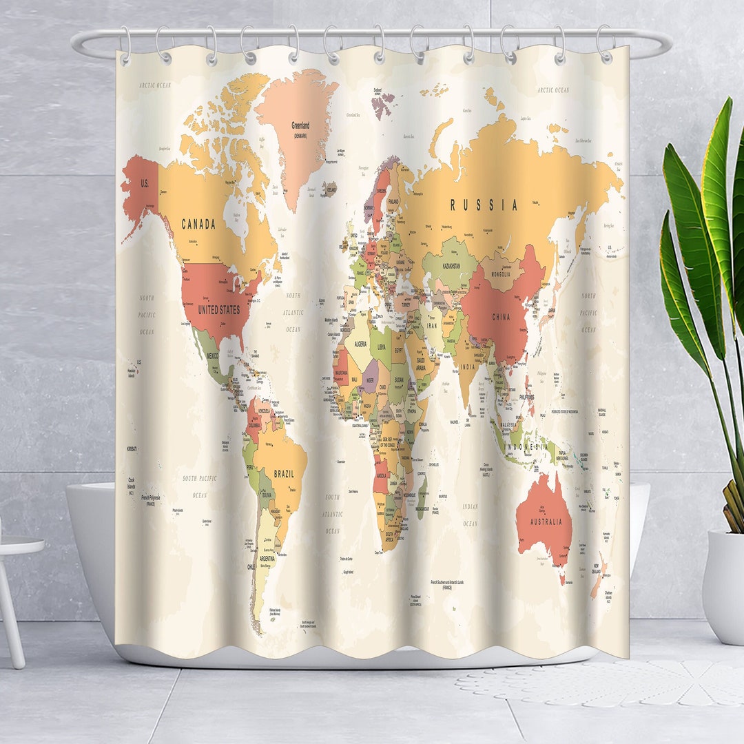 World Map Shower Curtain Travel Educational Vintage Geography Etsy