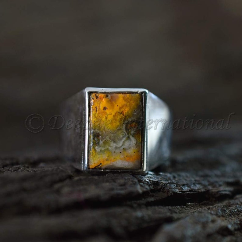 Natural Man/'s, Rectangle cab 925 Sterling silver ring Cocktail ring Bumble Bee Jasper gemstone ring Handmade Fashionable Statement