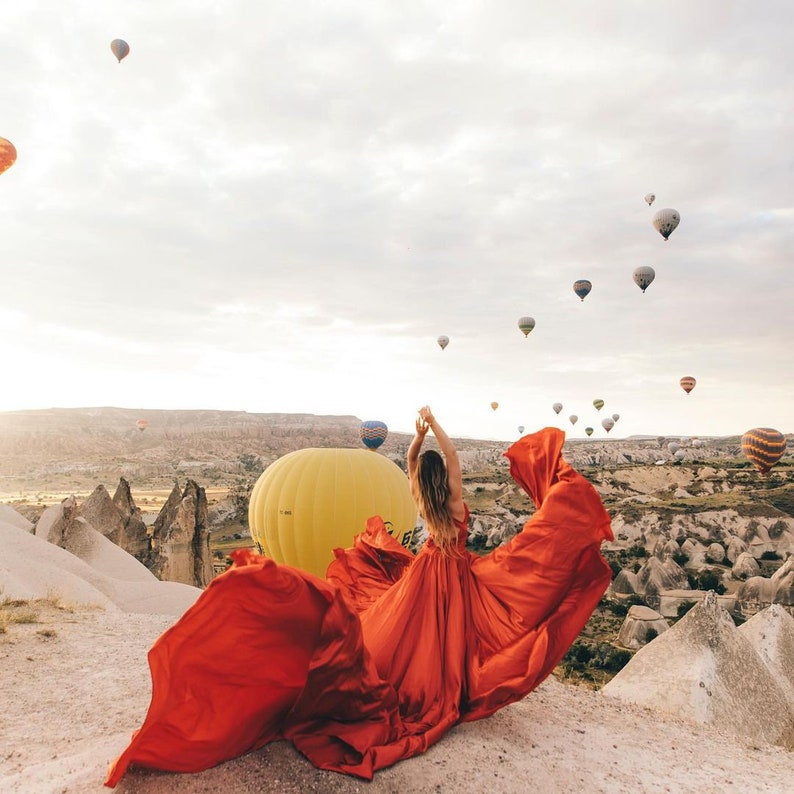 Long Flying Dress | Flying Dress for Photoshoot| Long Train Dress | Photoshoot Dress | Flowy Dress 2024 | Satin Dress | Santorini Flying Dress