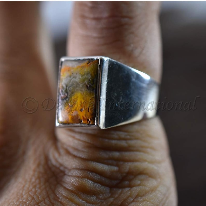 Natural Man/'s, Rectangle cab 925 Sterling silver ring Cocktail ring Bumble Bee Jasper gemstone ring Handmade Fashionable Statement