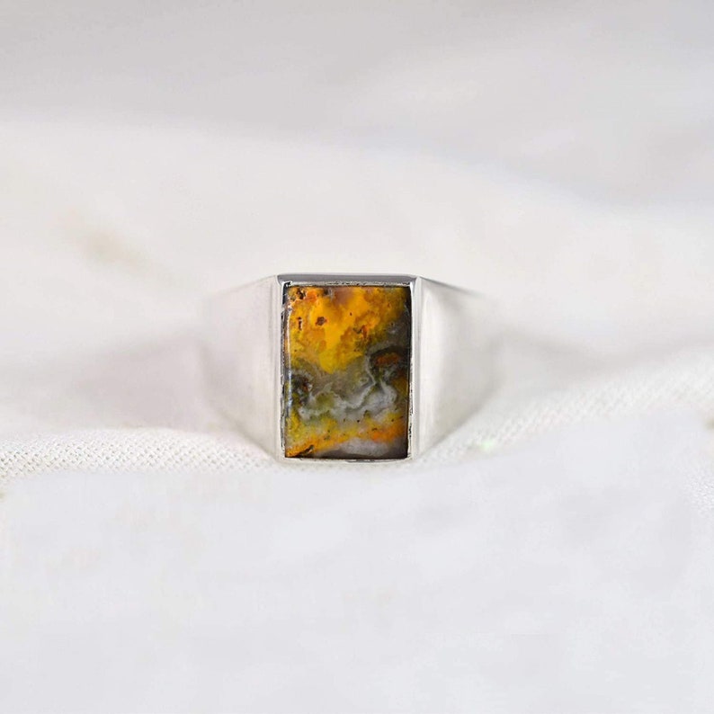 Natural Man/'s, Rectangle cab 925 Sterling silver ring Cocktail ring Bumble Bee Jasper gemstone ring Handmade Fashionable Statement