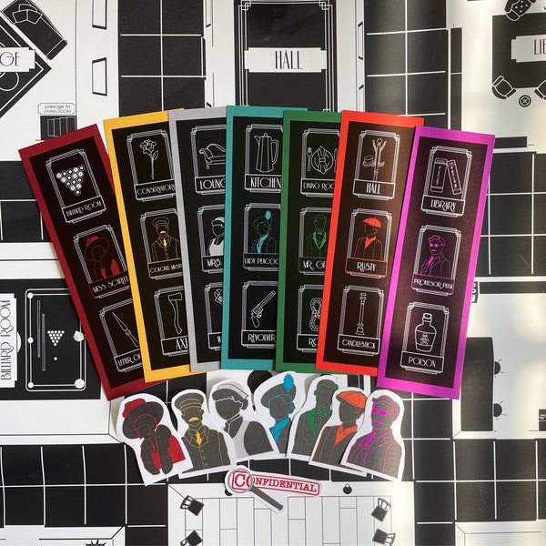 clue bookmarks & stickers, perfect for fans of mysteries, classic mysteries, board games, and art deco!