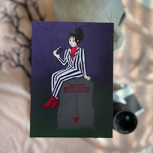 strange & unusual, lydia deetz as beetlejuice, perfect gift for fans of tim burton and beetlejuice, matte print, bookmark, and sticker!