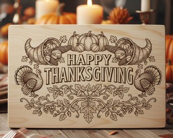 Thanksgiving SVG Laser Engraving File, Fall Turkey Pumpkin Laser File for Charcuterie Cutting Board Decor Family Gift