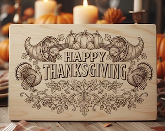 Thanksgiving SVG Laser File Happy Thanksgiving SVG Fall Turkey Pumpkin Engraving Design for Cutting Board Decor Family Gift
