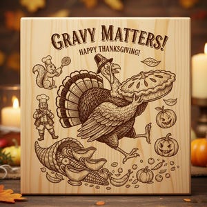 Thanksgiving SVG laserfil Glad Thanksgiving SVG höst rolig kalkon & paj gravyr design för skärbrädedekor familjegåva
