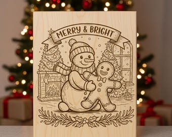 Snowman & Gingerbread Man SVG Laser File Christmas SVG Merry and Bright Engraving Design