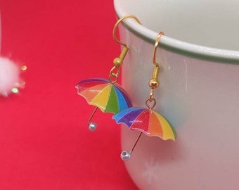 Rainbow umbrella earrings colorful quirky weird earrings, lesbian gay or pride gift earrings