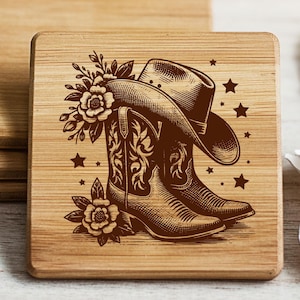 Archivo láser SVG de sombrero de vaquero, botas de vaquera texana, grabado vectorial para charcutería y tabla de cortar SVG, diseño floral de rodeo